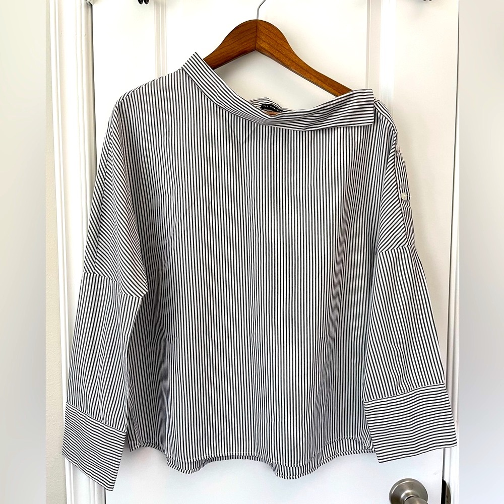 Navy blue/ white striped shirt. Size S
